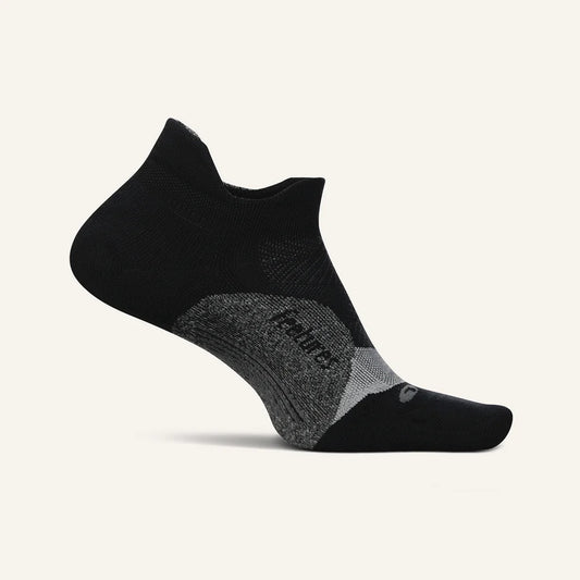 A pair of black Feetures Elite Light Cushion no-show running socks with gray accents.
