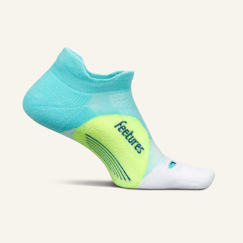 A pair of Feetures Elite Light Cushion No Show Tab socks in Aqua Surf color, featuring a low-cut design, anatomical fit, and moisture-wicking fabric.