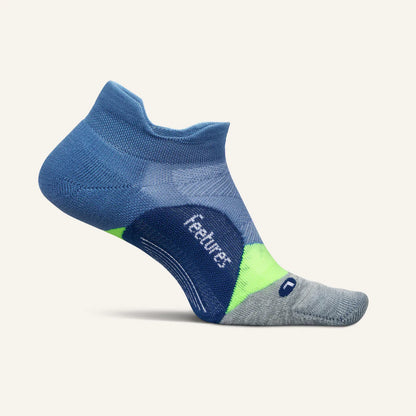 A pair of Feetures Elite Light Cushion No Show Tab socks in Bahama Blue color, designed for running with targeted arch compression and a seamless heel.
