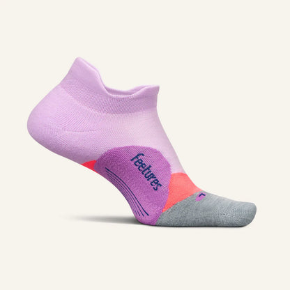 A pair of Feetures Elite Light Cushion No Show Tab socks in orchid, gray, and pink colors, designed for running and everyday use.