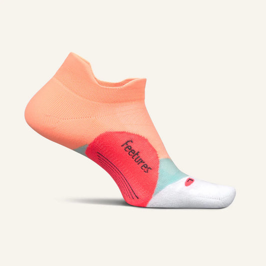 A pair of Feetures Elite Light Cushion No Show Tab socks in a vibrant reef color scheme, featuring an anatomical design and seamless heel.