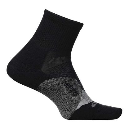 A black Feetures Elite Light Cushion quarter sock designed for running, showing the side profile with the ankle and foot area focused.