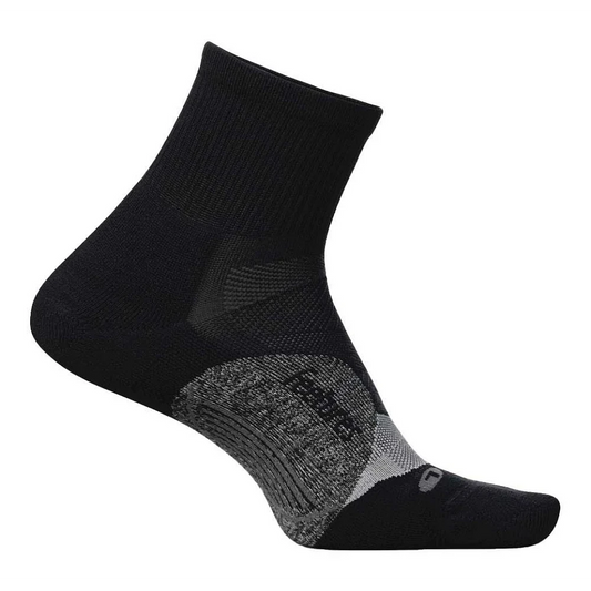 A black Feetures Elite Light Cushion quarter sock designed for running, showing the side profile with the ankle and foot area focused.