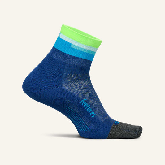 A pair of Feetures Elite Light Cushion Quarter socks in blue with a bright green cuff, designed for running and comfort.
