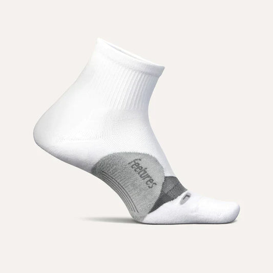 A white Feetures Elite Light Cushion quarter sock with gray accents designed for running.