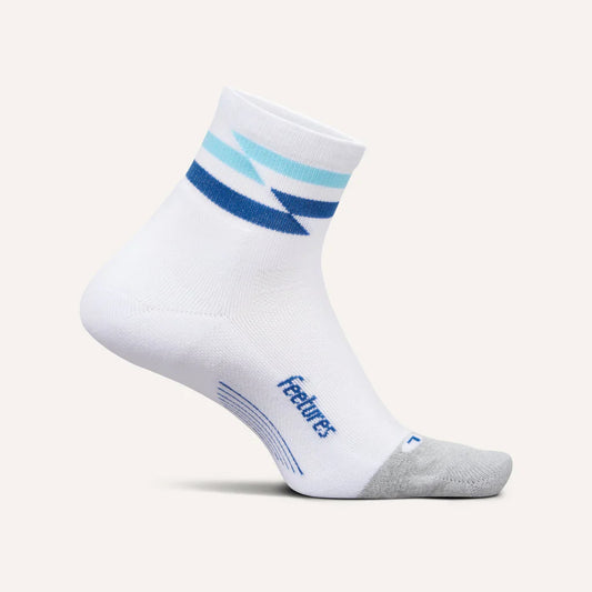 White sock with blue accents and 'Feetures' branding on a white background