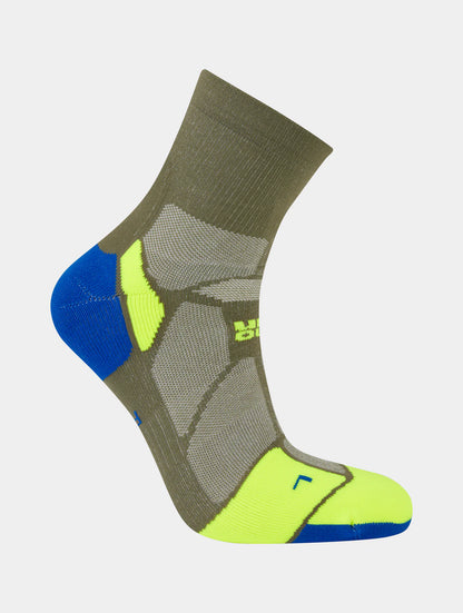 Sock with green, blue, and gray design on a white background