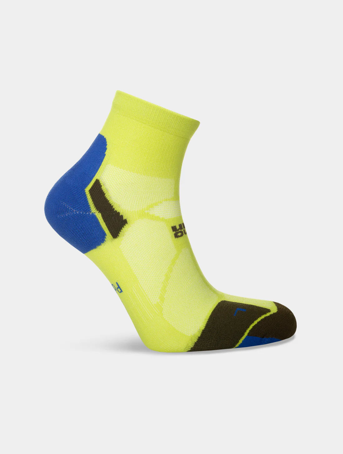 Yellow and blue athletic sock on a light gray background
