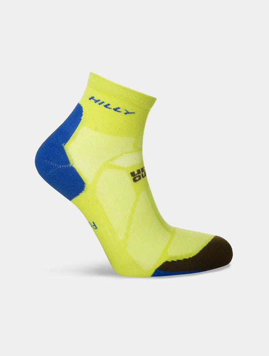 Yellow and blue sock with 'Hilly' branding on a light gray background