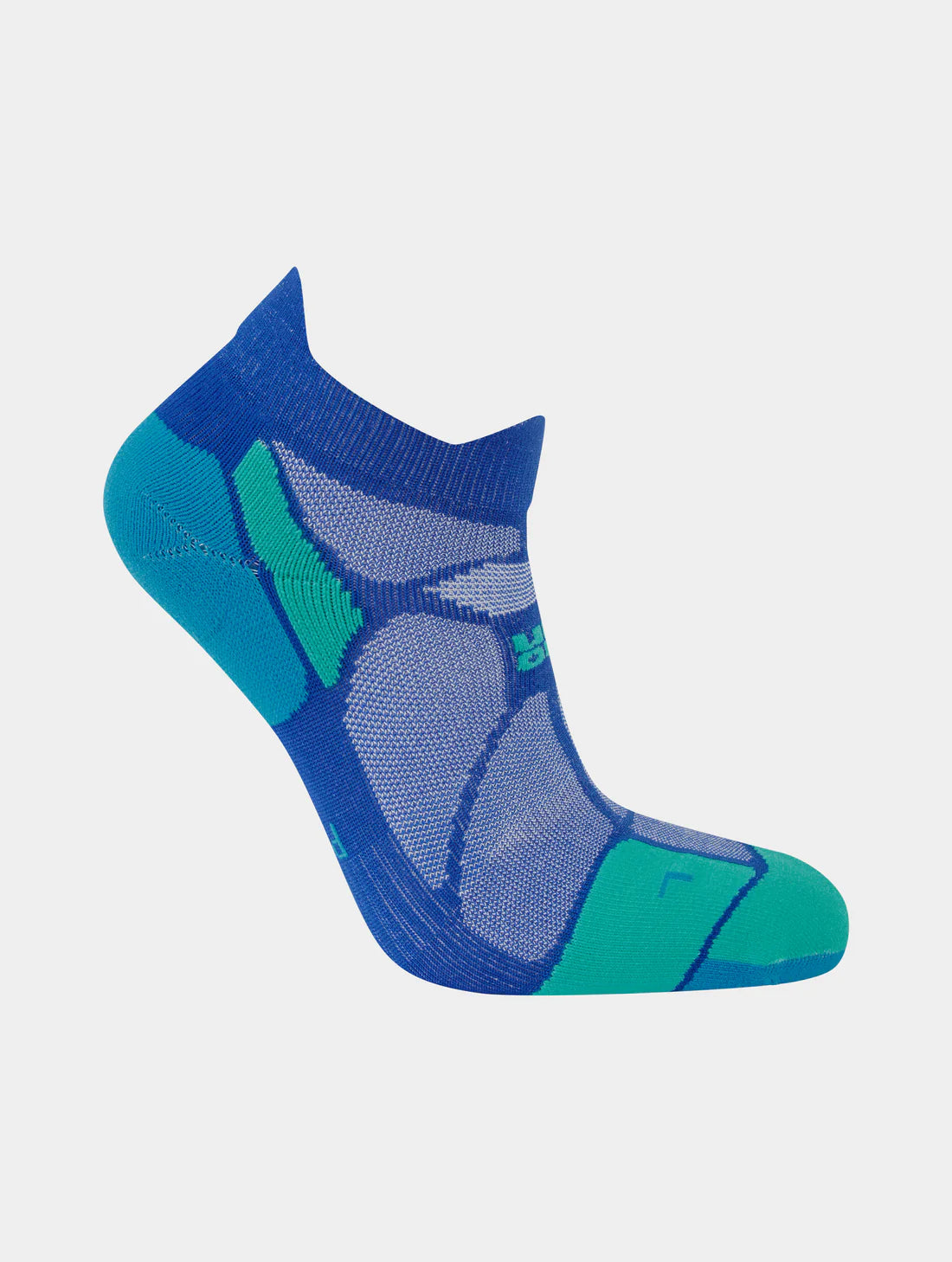 Blue and green athletic sock on a light gray background