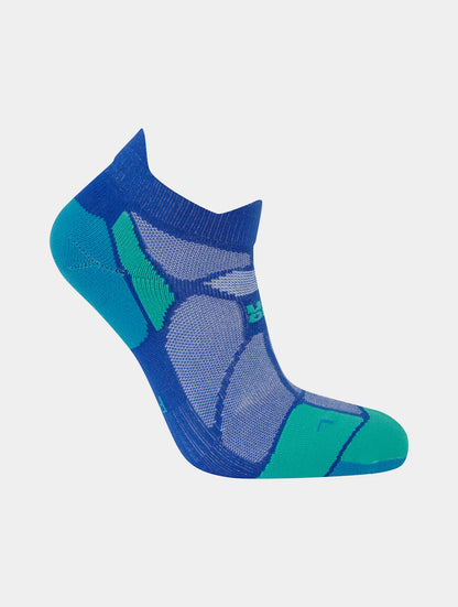 Blue and green athletic sock on a light gray background