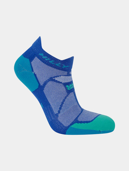 Blue and green athletic sock on a light gray background