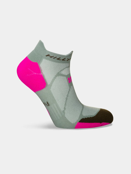 Gray and pink sock with 'Hilly' branding on a light gray background