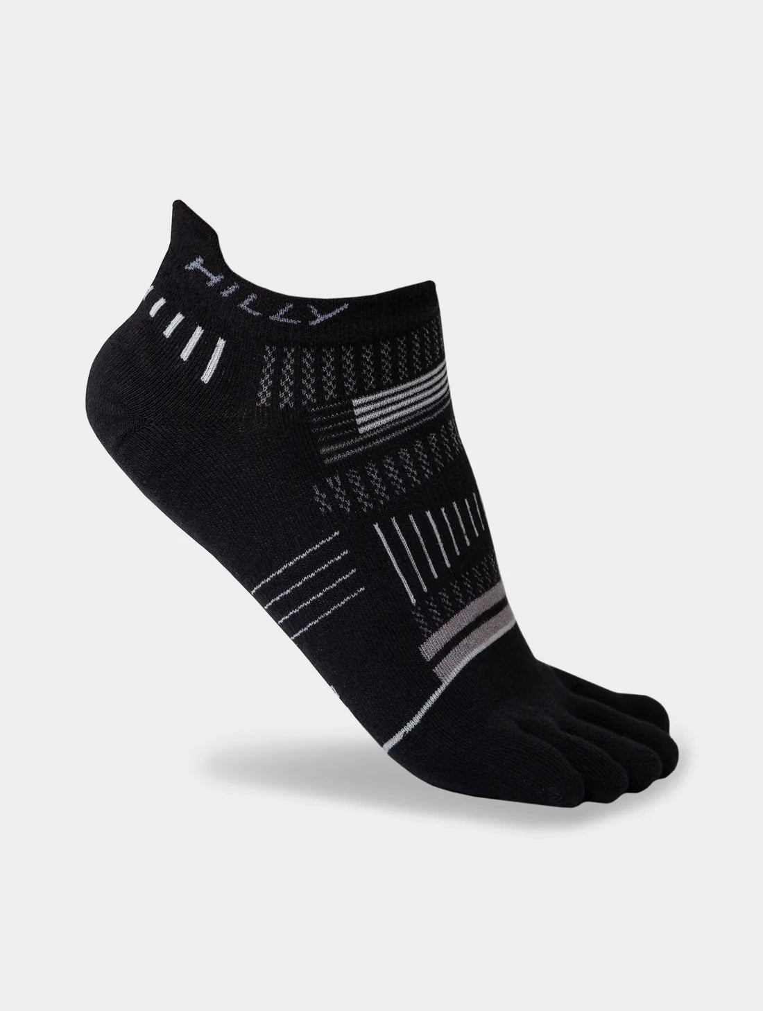 Black five-toe sock with gray patterns on a light gray background
