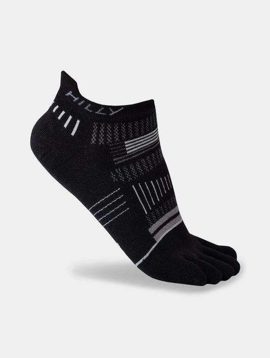Black five-toe sock with gray patterns on a light gray background