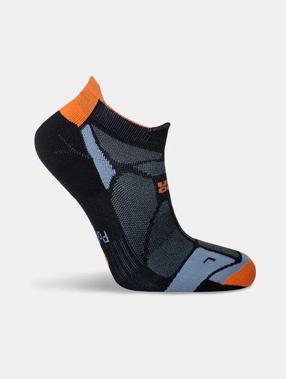 Black ankle sock with orange accents on a light gray background