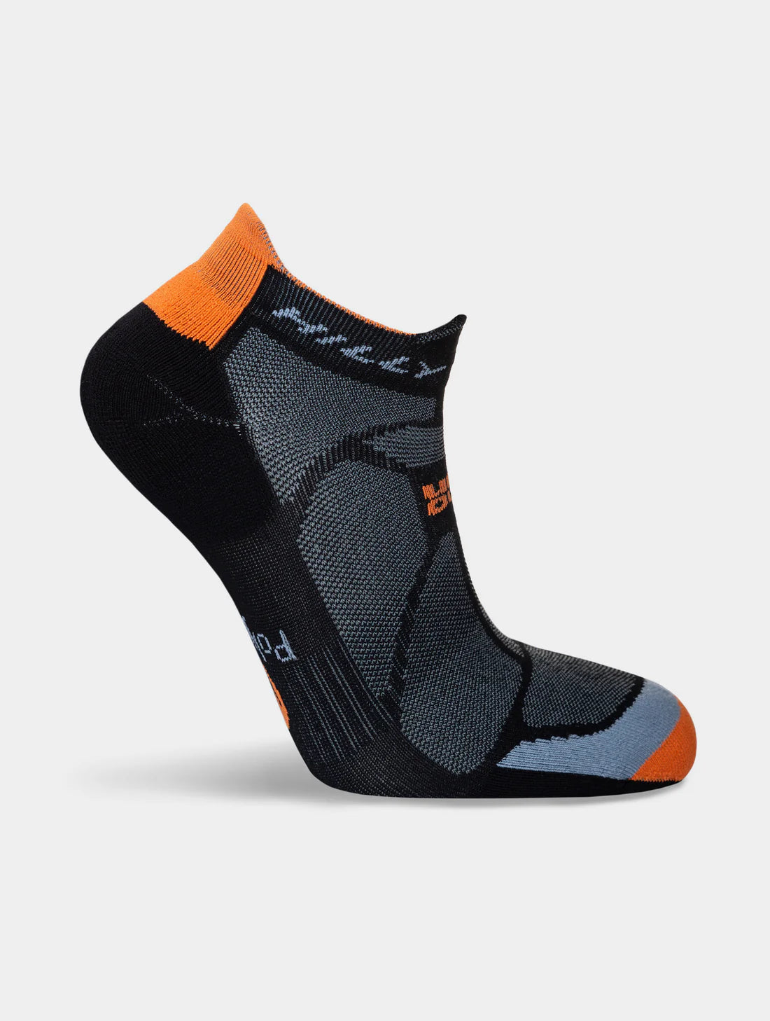 Black ankle sock with orange accents on a light gray background