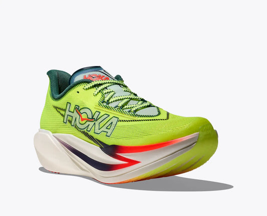 Brightly colored Hoka Cielo X1 carbon running shoe with 'Hoka' branding on a white background