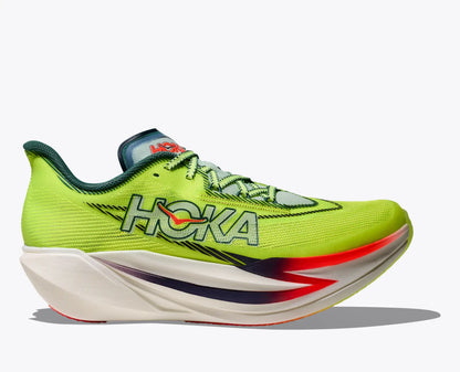 Green Hoka Cielo Carbon running shoe with Hoka branding on a white background