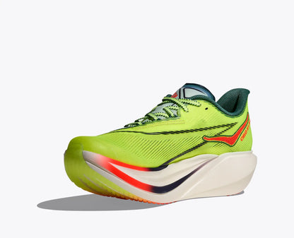 Brightly coloured Hoka Cielo Carbon running shoe on a white background