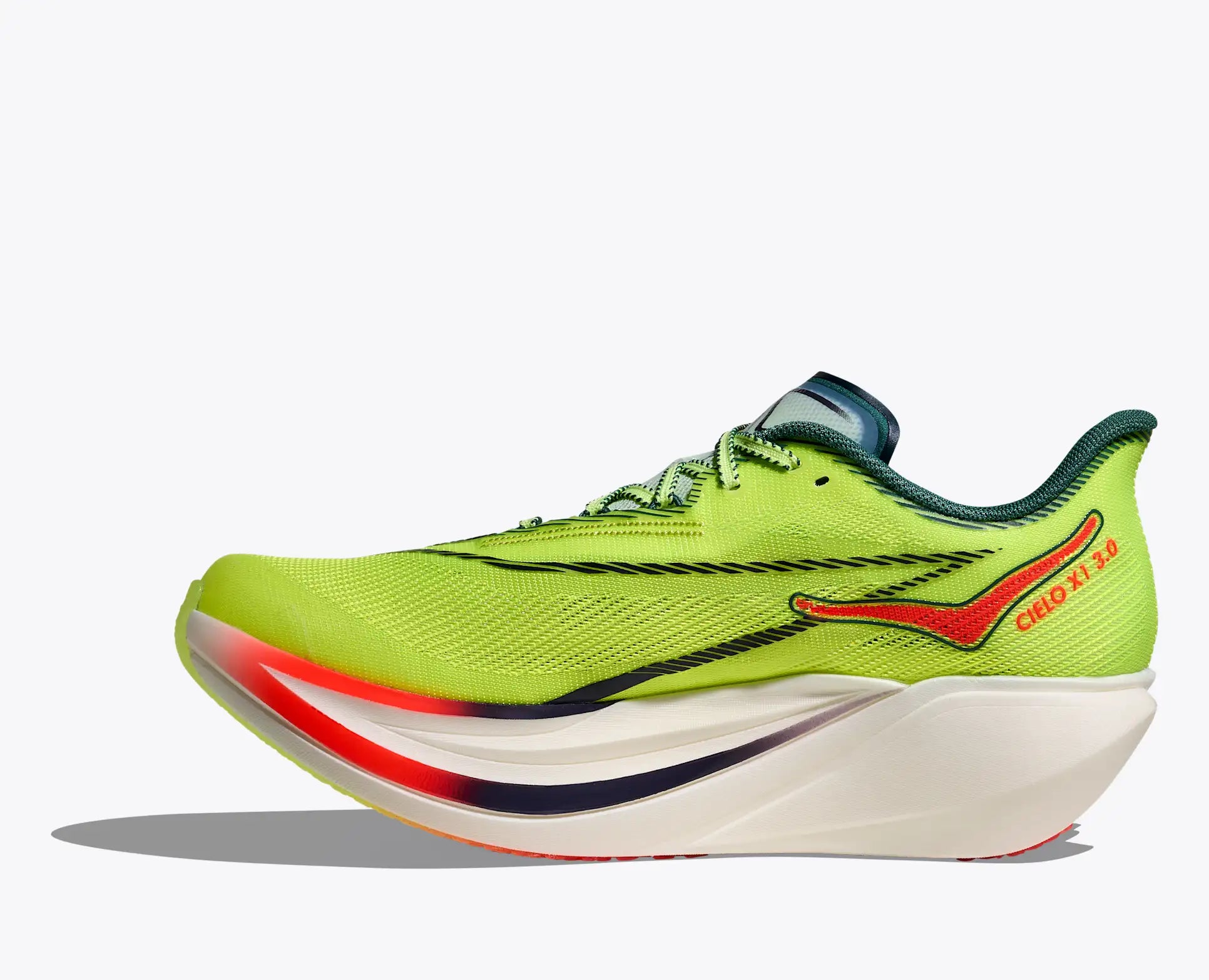 Green Hoka Cielo X1 carbon running shoe with red and white sole on a white background