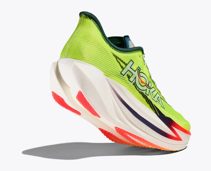 Brightly colored Hoka Cielo Carbon running shoe with 'Hoka' branding on a white background