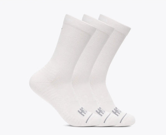 Three white socks with a brand logo on a light gray background