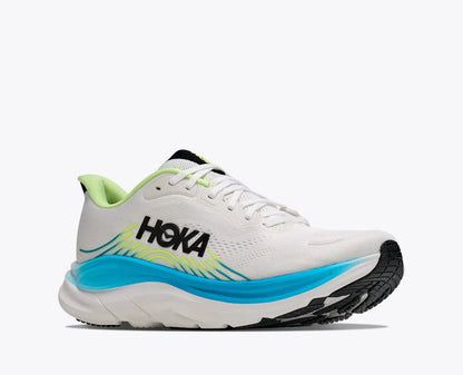 White Hoka Men's Clifton 11 running shoe with green and blue accents on a white background