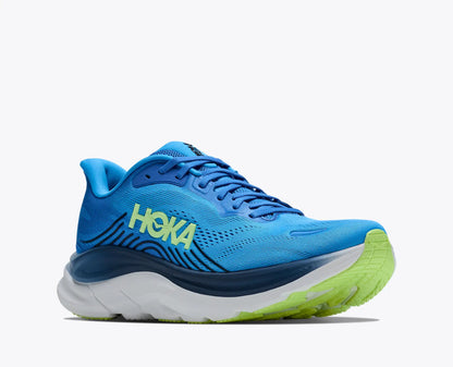 Hoka Men's Clifton 11 Blue running shoe with green sole on a white background