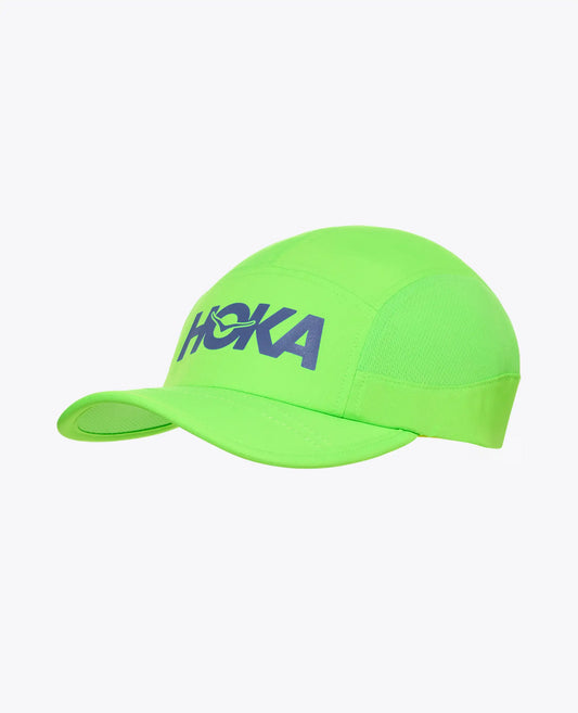 Neon green cap with 'Hoka' logo on a white background