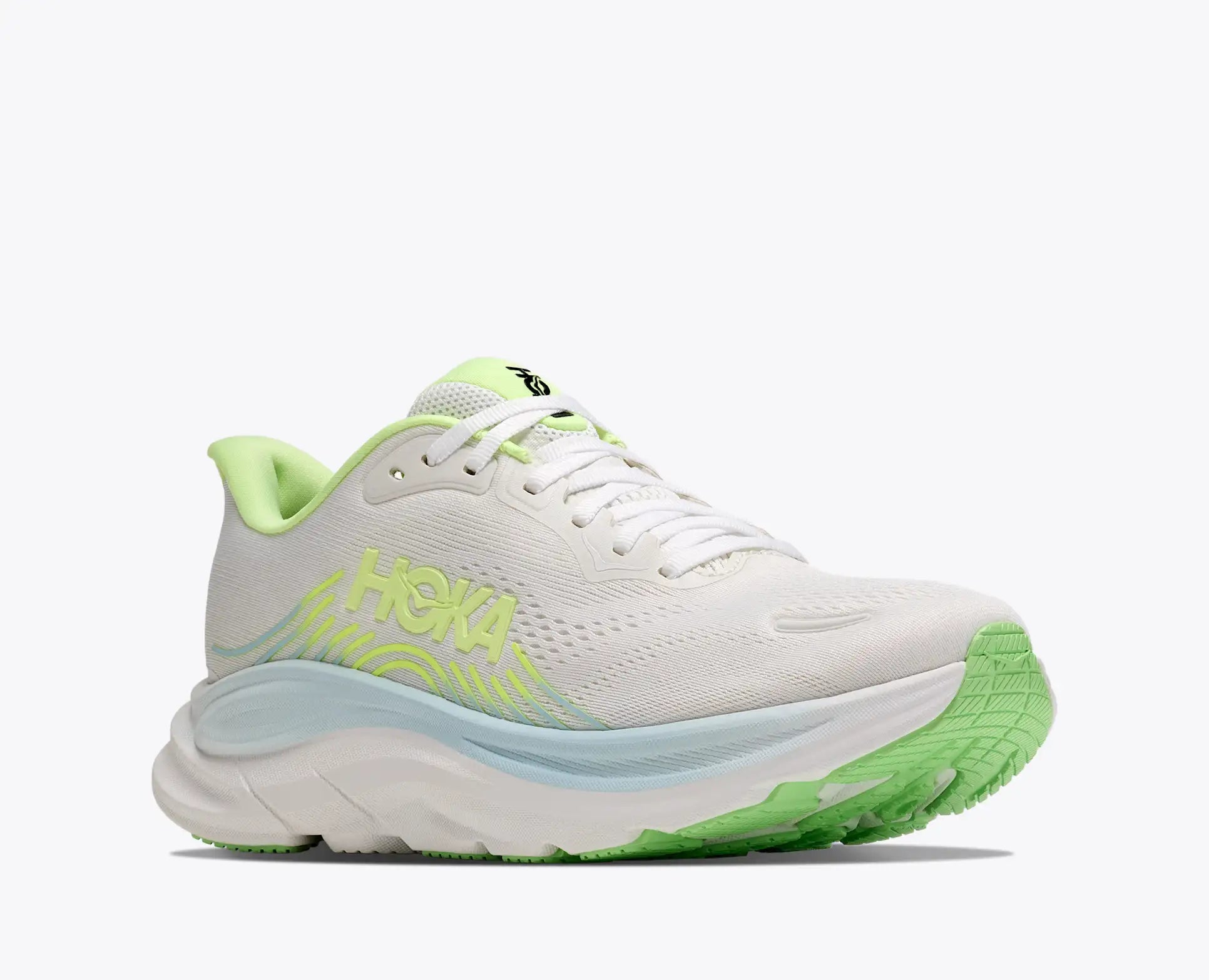 Hoka Women's Clifton 11 White running shoe with green accents on a white background