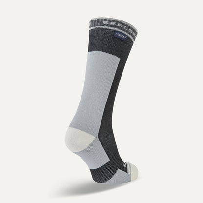 Gray and black sock with brand logo on a white background