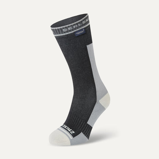 Black and gray sock with brand logo on a white background