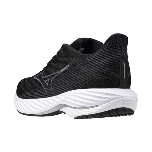 Mizuno Wave Rider 28 Wide running shoe men's black and white rear angled view