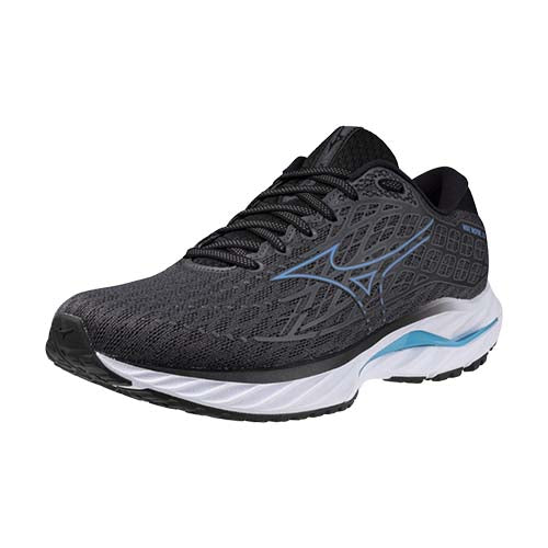 Mizuno Wave Inspire 20 Wide running shoe men's black, white, blue front angled