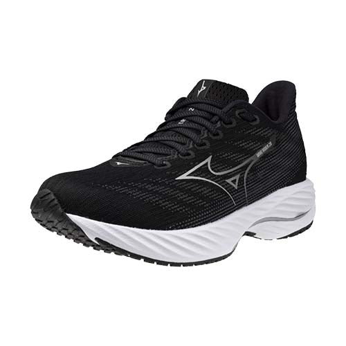 Mizuno Wave Rider 28 Wide running shoe women's black and white front angled view