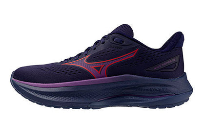 Navy and purple Mizuno Women's Wave Inspire 22 athletic shoe on a white background