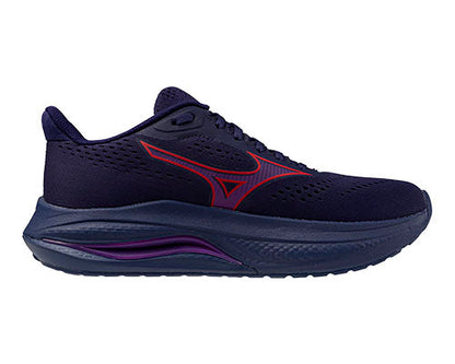 Navy and purple Mizuno Women's Wave Inspire 22 running shoe with red accents on a white background