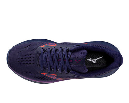 Navy and purple Mizuno Women's Wave Inspire 22 running shoe with brand logo on a white background