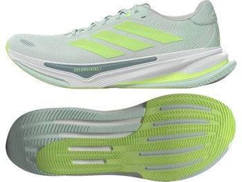 Light blue and green running shoes with Adidas logo on a white background