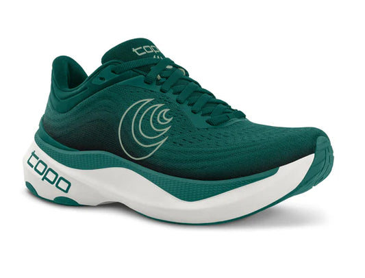 A teal and white Topo Aura running shoe with a distinctive design, featuring a white sole and a teal upper with a white logo near the laces.