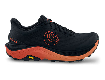 Black and orange running shoe with visible branding on a white background