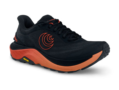 Black and orange running shoe on a white background