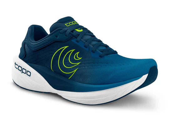 Blue running shoe with green logo on a white background