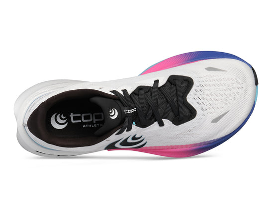 White Topo Specter 3 athletic shoe with black laces and colourful sole on a white background