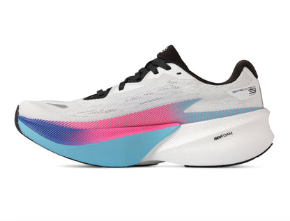 White Topo Specter 3 running shoe with colourful mid sole on a white background