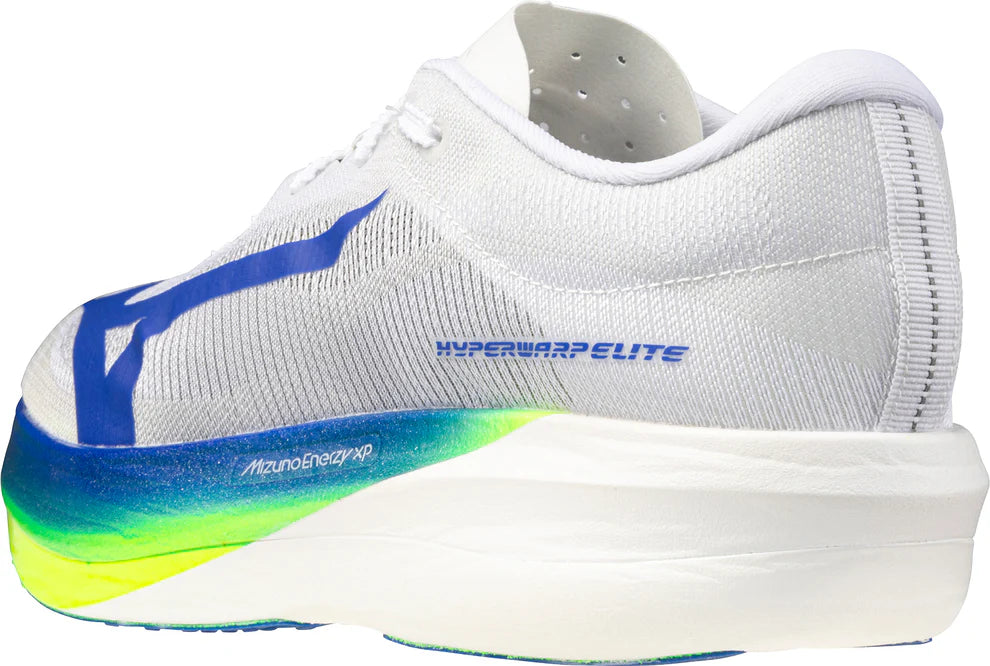 White running shoe with colorful sole on a white background