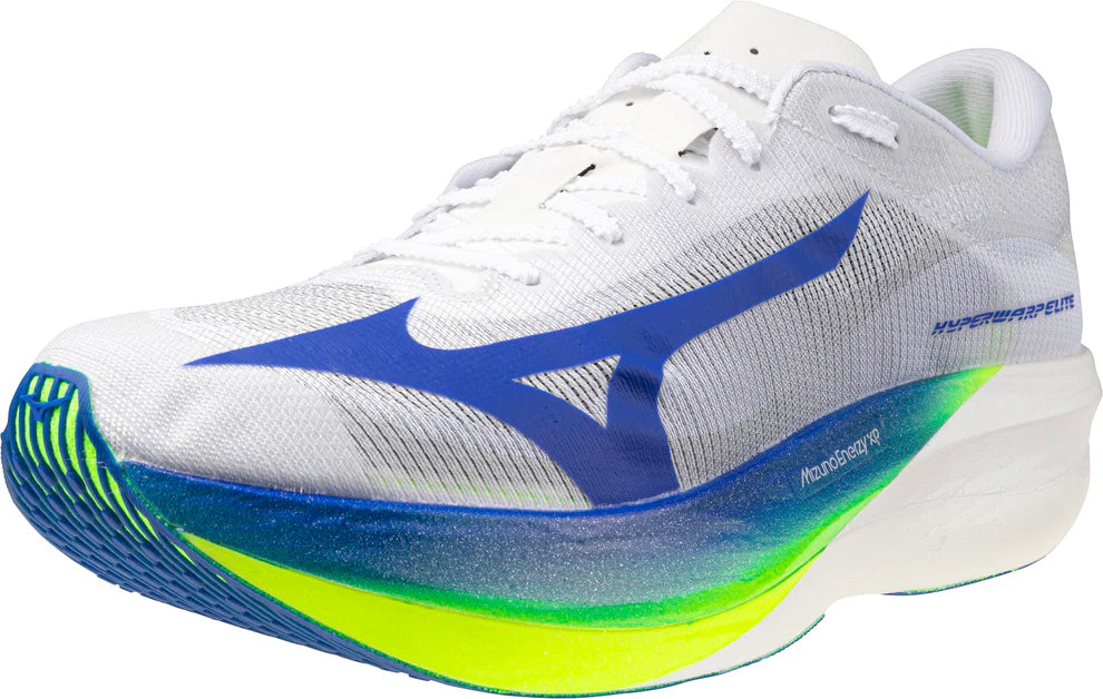 White running shoe with blue and green sole on a white background