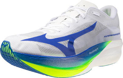 White running shoe with blue and green sole on a white background