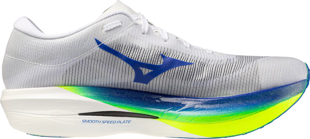 White running shoe with blue and green sole on a white background